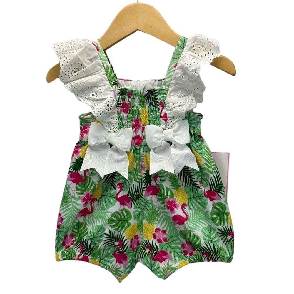 Rare Editions Ruffle Lace Straps Floral Pineapple Flamingo Print Romper - 3-6 mo